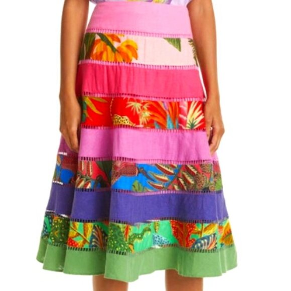 FARM Rio Rainbow Mixed Prints Tiered  Midi Skirt Gypsy Bohemian - Picture 4 of 15
